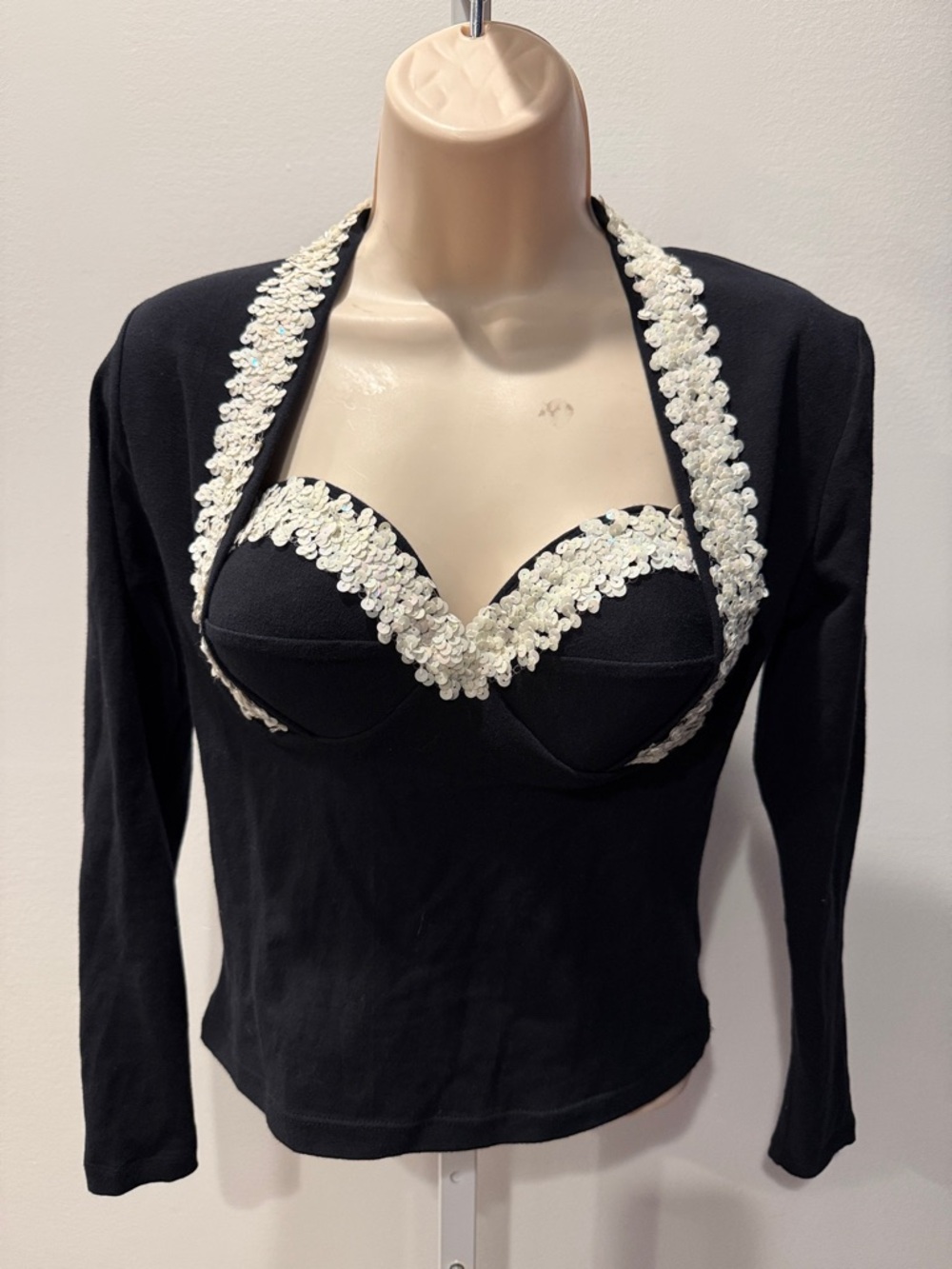 Vintage Frederick's of Hollywood Black Long-Sleeve Crop Top Sequin Trim Grunge